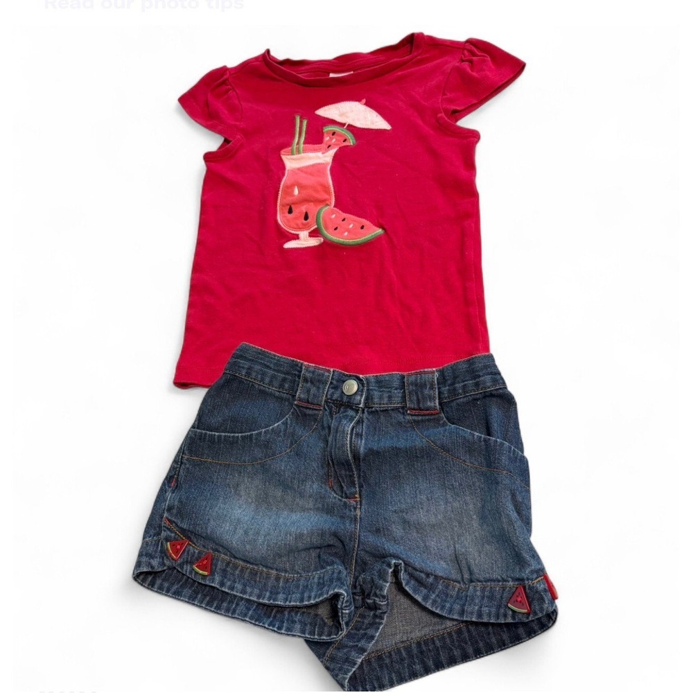 Gymboree Watermelon Outfit Set Girls Size 4T Denim Shorts Pink Top Summer